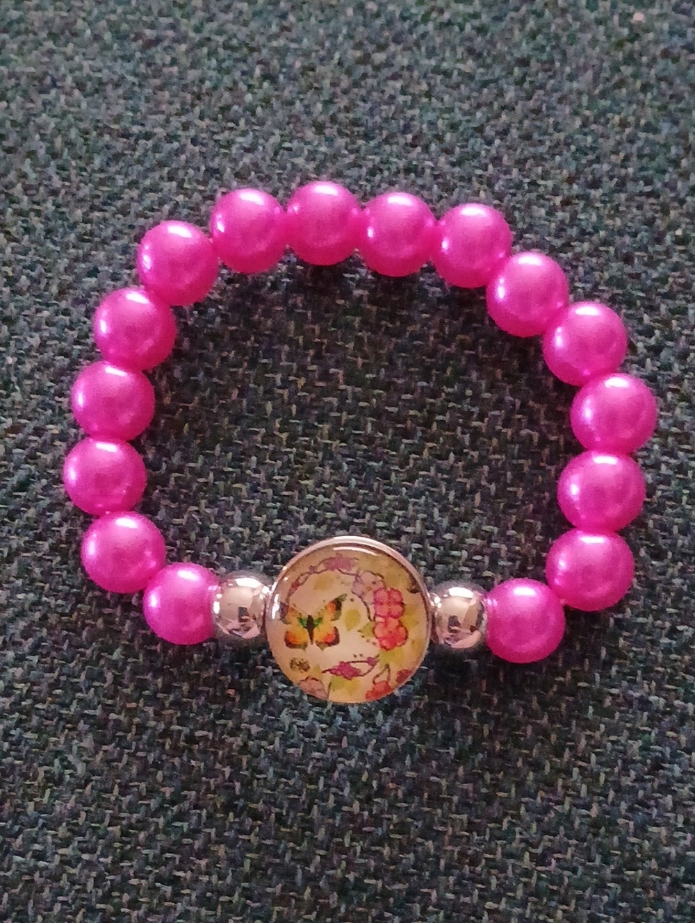 Pink Beaded Stretch Bracelet with Floral Center Accent